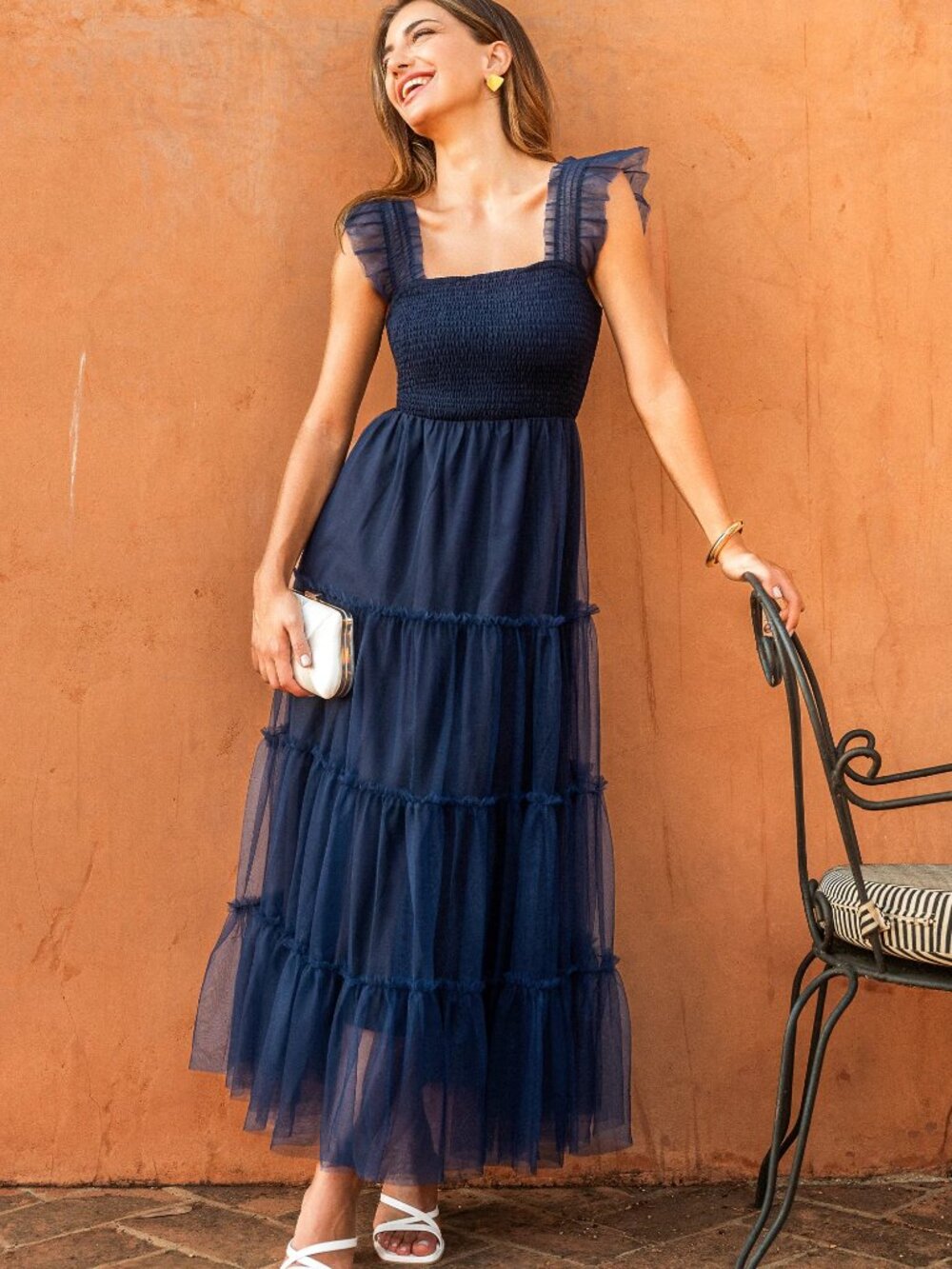 New Pretty Garden Cobalt Blue Smocked Tulle Dress with Pockets - Picture 4 of 11